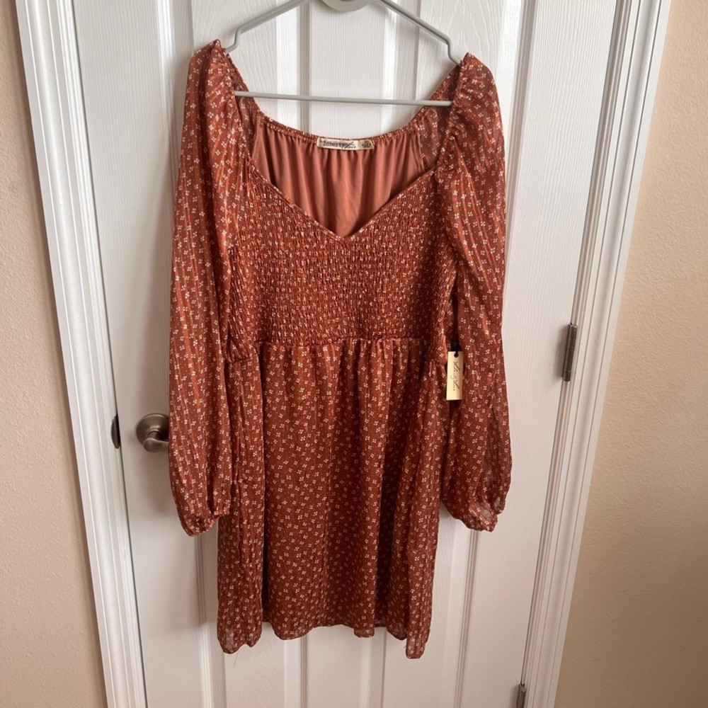 NWT Liberty Love XL Floral Print Long‎ Sleeve Mini Dress Smocked Rust Brown
